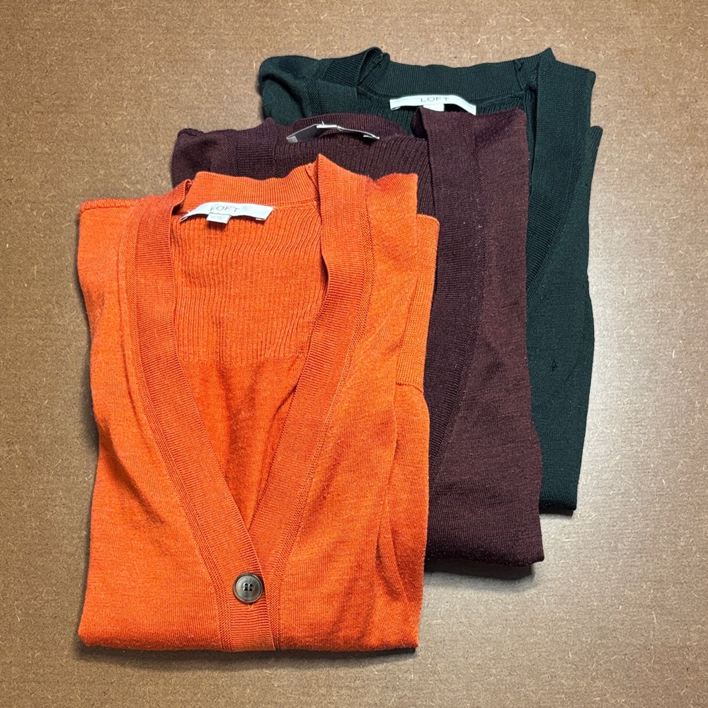 (Bundle) Three LOFT Cardigan Sweaters | Orange, Maroon, Green